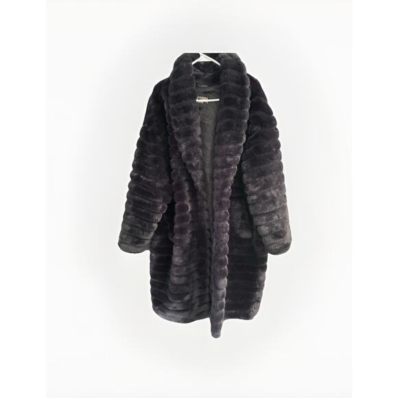 VICTORIA'S SECRET SPORT BL ACK FAUX FUR FASHION SHOW LONG TRENCH COAT L/XL - Picture 1 of 10